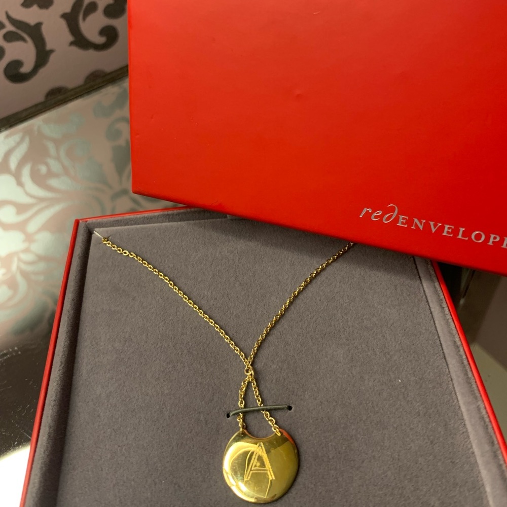 Red Envelope Gold Tone “A” initial Necklace